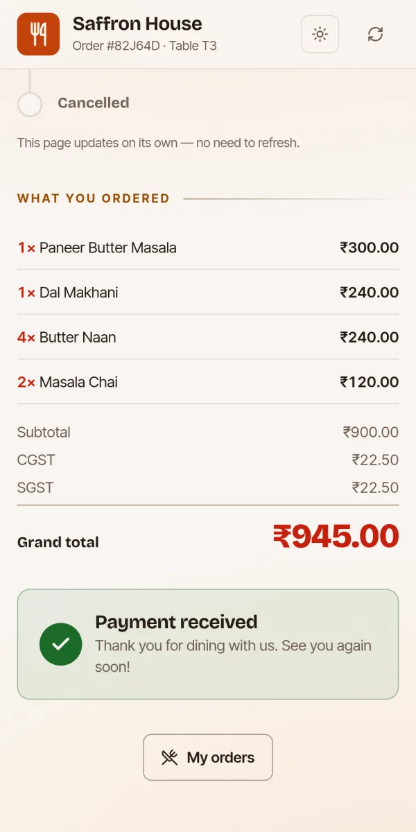 A guest’s bill on their phone with CGST, SGST, the grand total and Payment received
