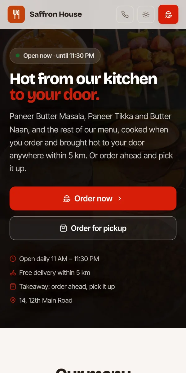 A restaurant’s own ordering page on a phone, with Order now and Order for pickup buttons