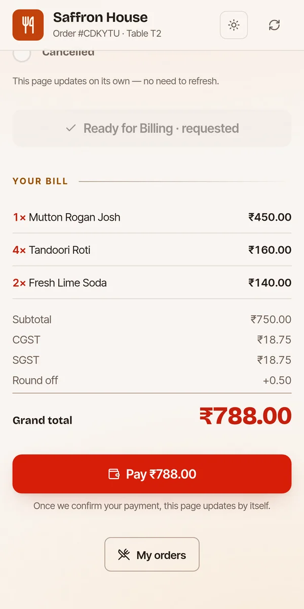A bill on a guest’s phone: three dishes, CGST and SGST, a grand total of ₹788 and a Pay ₹788 button