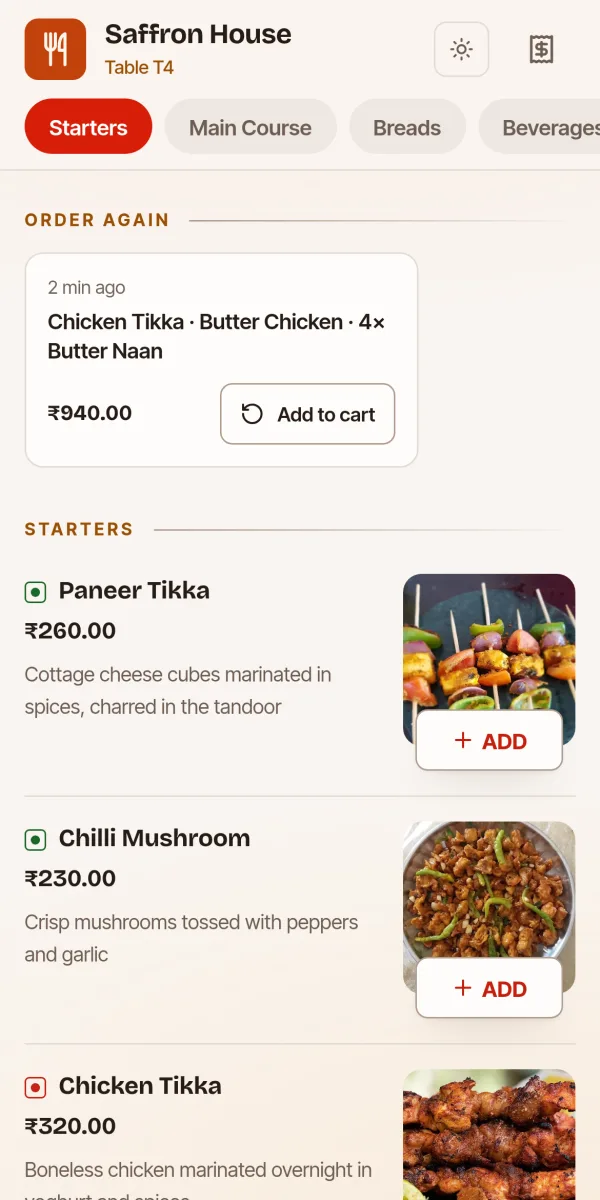 The menu a guest sees after scanning the QR code on their table